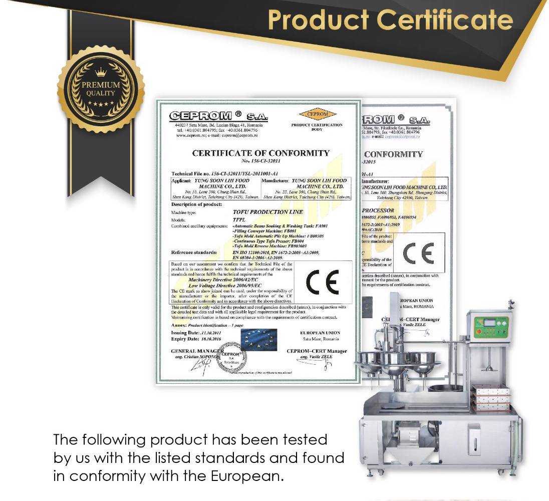 Tofunvalmistuslaitteet ja soijamaidon tuotantokoneet ovat läpäisseet CE-sertifioinnin.