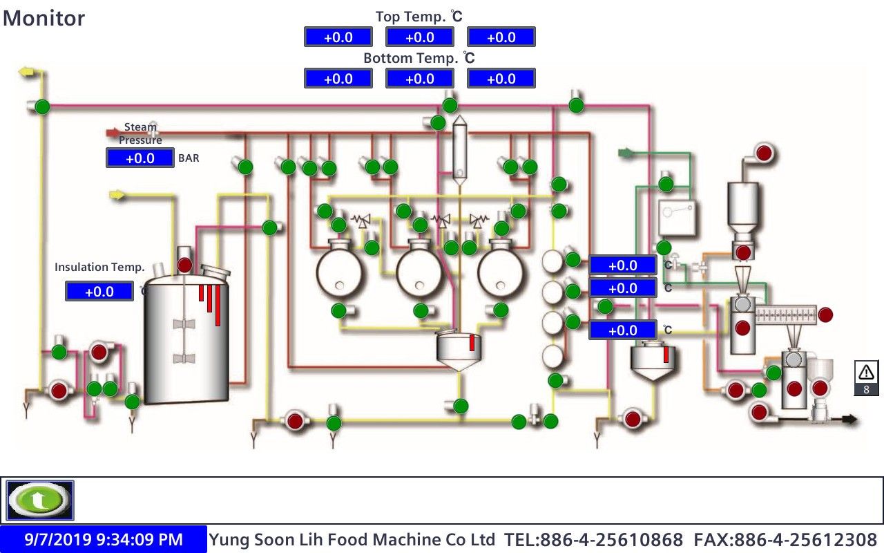 ग्राइंडिंग और पकाने प्रणाली के संदर्भ में HMI उत्पादन मॉनिटर पेज।